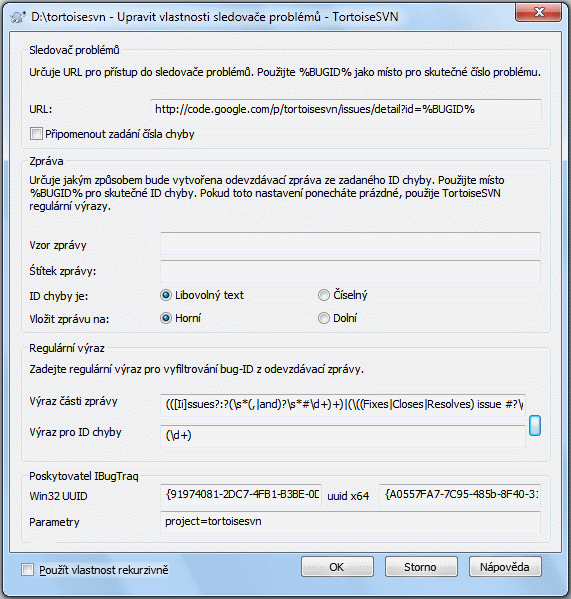 Stránka vlastnosti tsvn:bugtraq