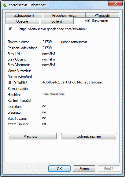 Stránka vlastností v Průzkumníku, karta Subversion