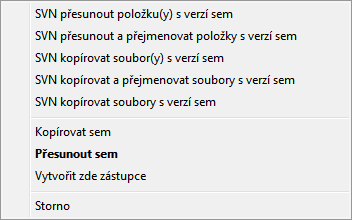 Menu táhnutí pravým tlačítkem pro adresář pod správou verzí