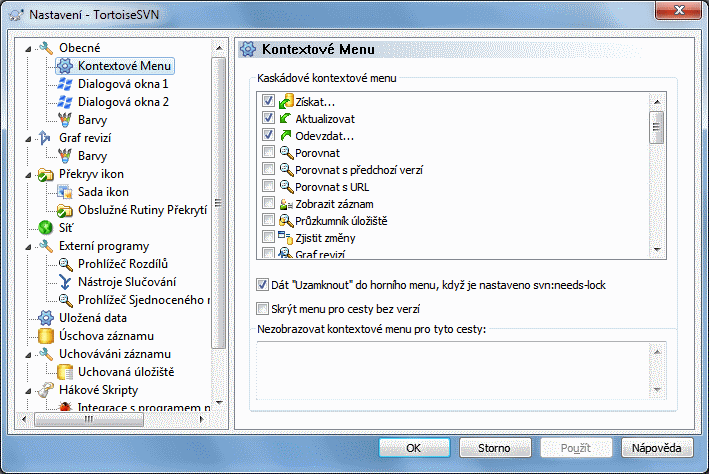 Dialogové okno Nastavení, Stránka Kontextového menu