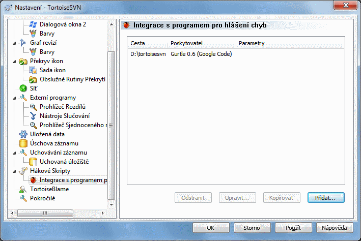 Dialogové okno nastavení, Stránka Integrace se Systémem pro Sledování Problémů