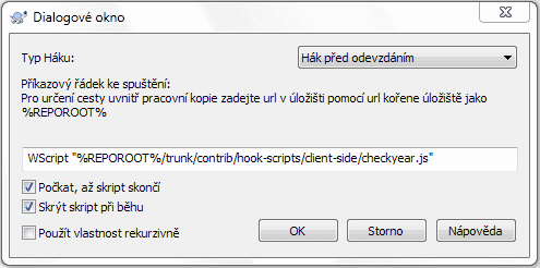 Dialogové okno vlastností pro hákové skripty