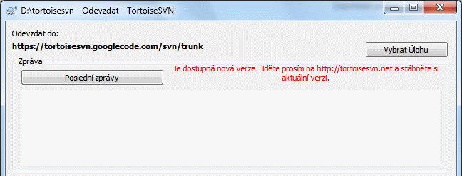 Dialogové okno odevzdání, zobrazující oznámení o nové verzi