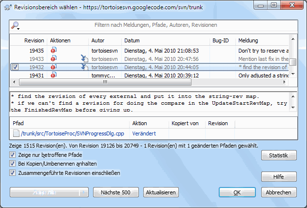 Der Log-Dialog mit bereits zusammengeführten Revisionen