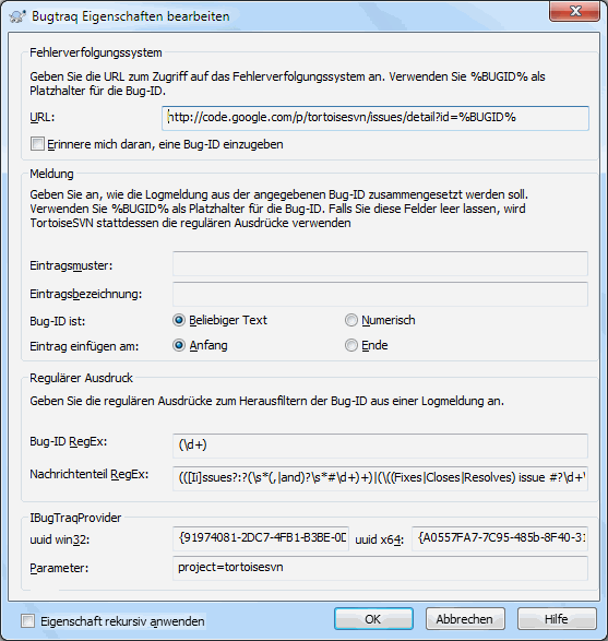 Eigenschaftsseite tsvn:bugtraq