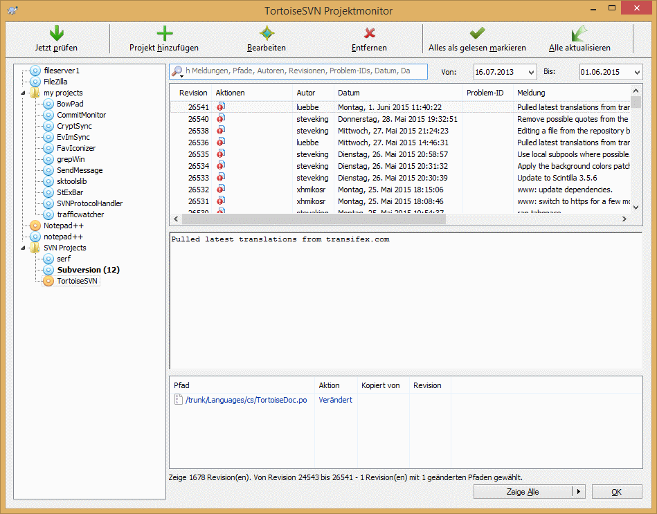 Der Hauptdialog des Projektmonitors