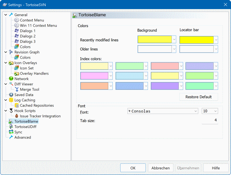 El diálogo Configuración, página TortoiseBlame