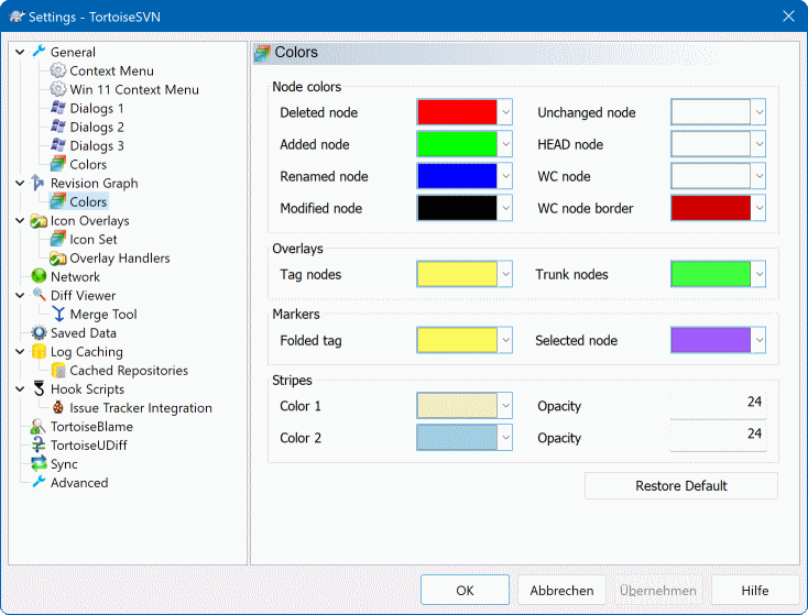 El diálogo Configuración, página de Colores