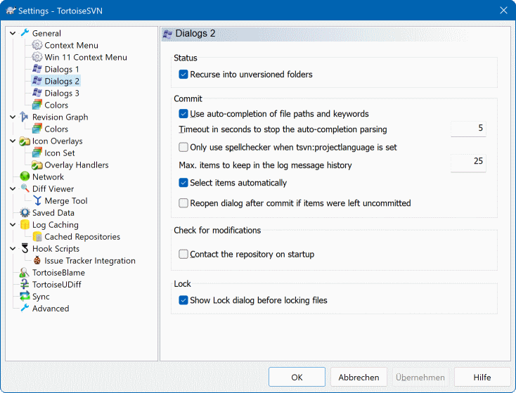 El diálogo Configuración, página de Diálogos 2