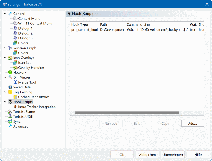 El diálogo Configuración, página de scripts gancho