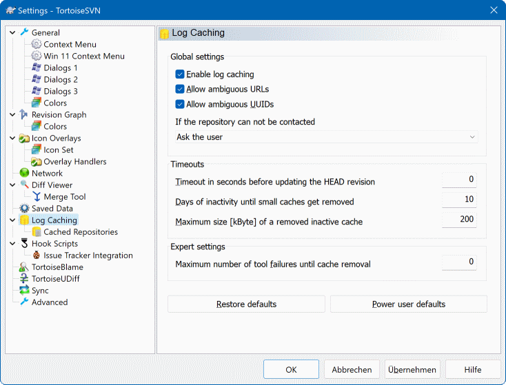 El diálogo Configuración, página Caché de registro