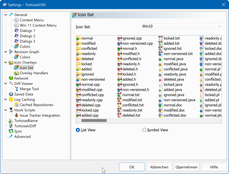 El diálogo Configuración, página de Conjunto de íconos