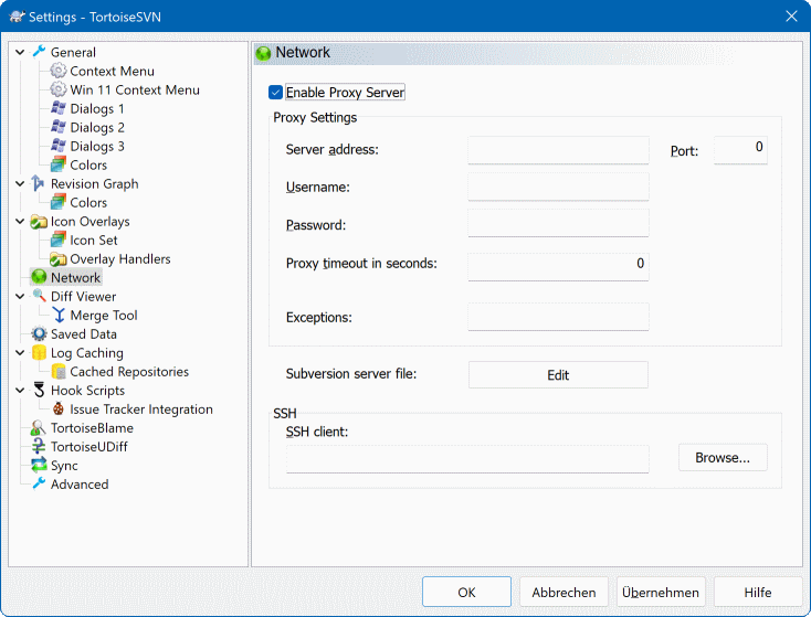 El diálogo Configuración, página de Red