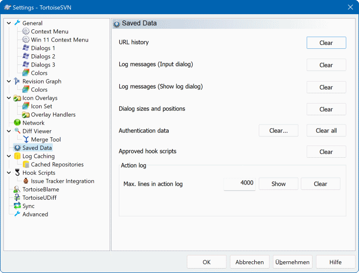 El diálogo Configuración, página de Datos almacenados