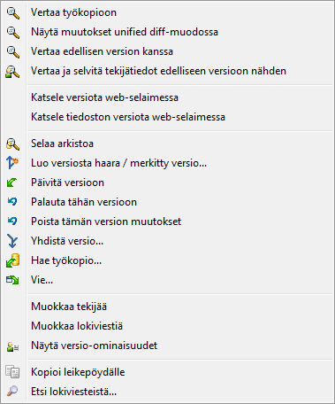 Versiolokin yläpaneelin kontekstivalikko