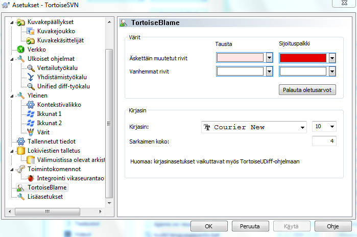 Asetusikkuna, TortoiseBlame-sivu