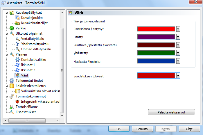 Asetusikkuna, Värit -sivu