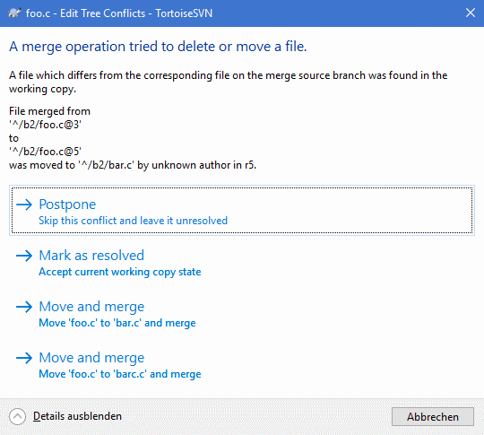 La boîte de dialogue de fusion de conflit d'arborescence