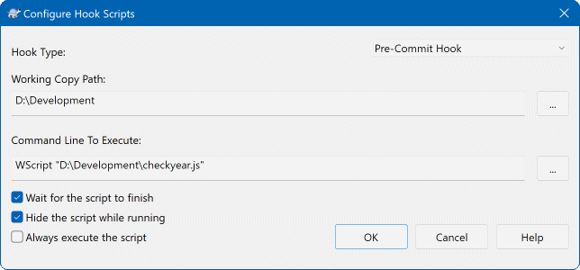 La fenêtre de paramétrage, configuration des scripts de hook