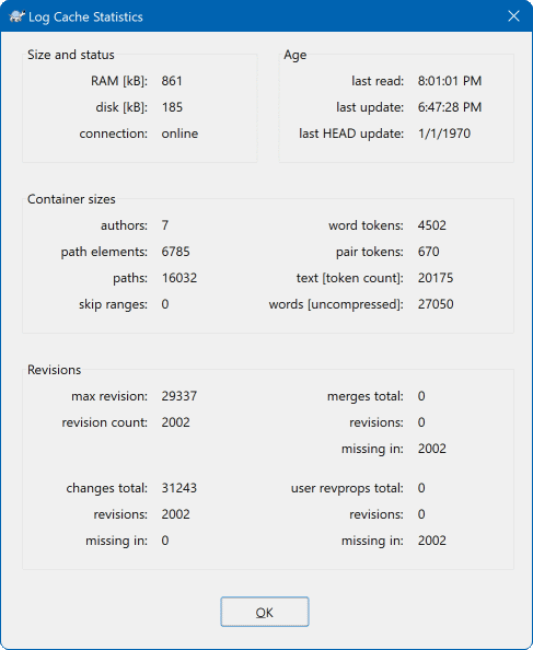 La Fenêtre de propriétés, Statistiques d'Utilisation de la Mémoire Cache