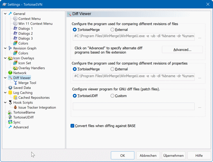 La boîte de dialogue Configuration, page Visualisateur de différence