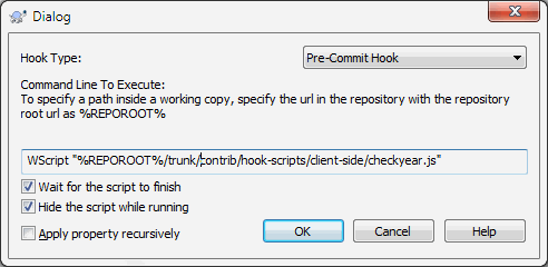 Boîte de dialogue de propriétés pour les scripts hook