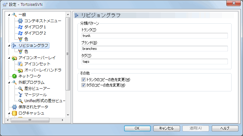 設定ダイアログの「リビジョングラフ」ページ