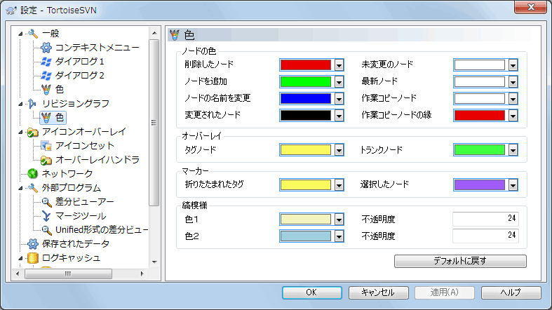 設定ダイアログのリビジョングラフの「色」ページ