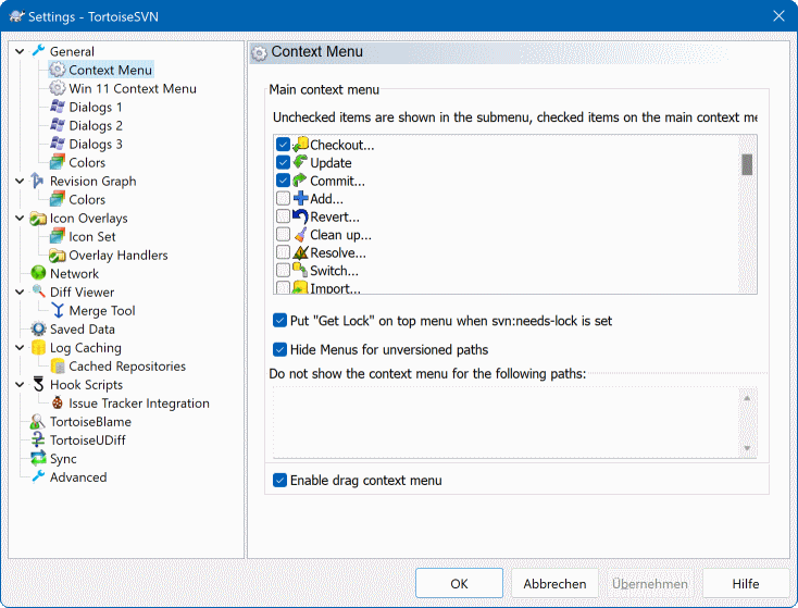 Het Instellingen Scherm, Context Menu Pagina