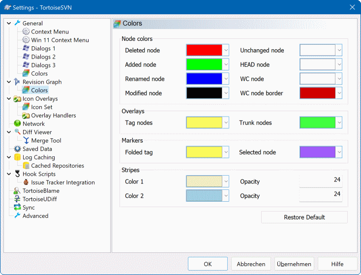 Het instellingen scherm, Revisieschema kleuren pagina