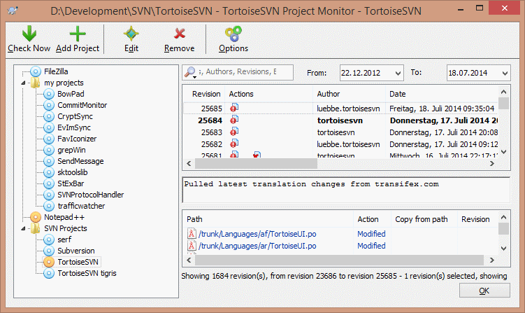 The main dialog of the project monitor