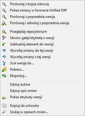 Okno dialogowe dziennika wersji z menu kontekstowym