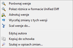 Menu kontekstowe górnego panelu dla dwóch wybranych wersji