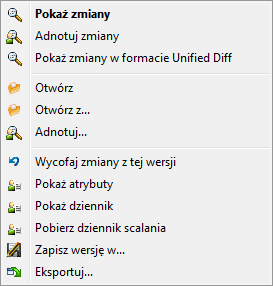 Dolny panel okna dialogowego dziennika wersji z menu kontekstowym