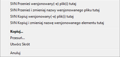 Menu prawo-przeciągnięcia dla katalogu pod kontrolą wersji