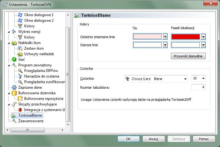 Okno dialogowe ustawień, strona TortoiseBlame
