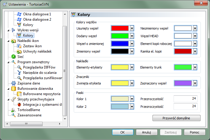 Okno dialogowe ustawień, strona Kolory