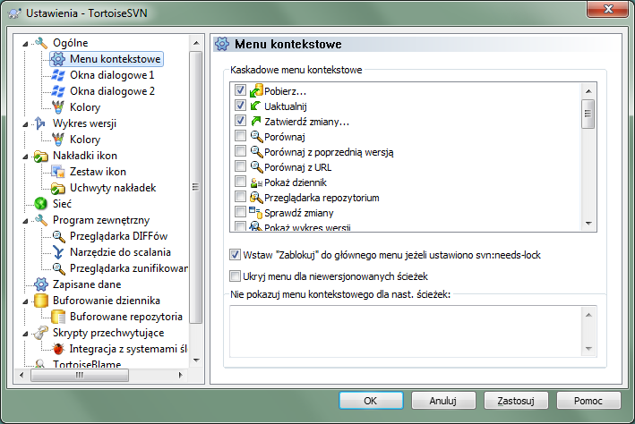 Okno dialogowe ustawień, strona Menu kontekstowe