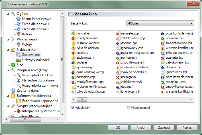 Okno dialogowe ustawień, strona Zestaw ikon