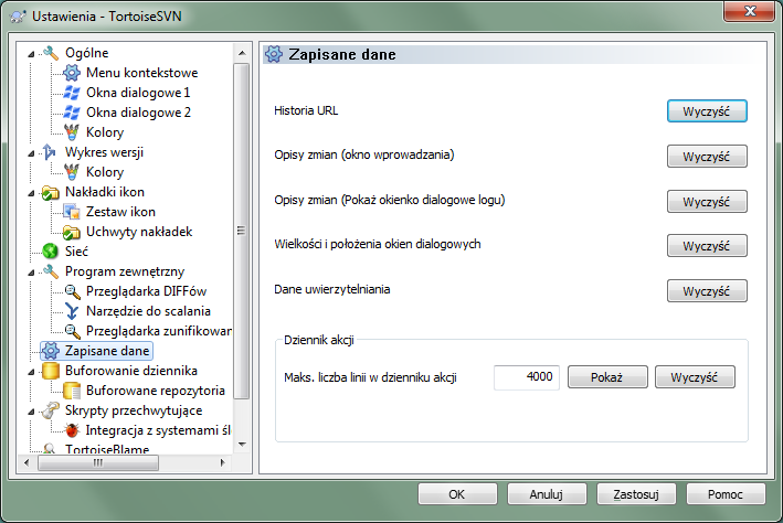 Okno dialogowe ustawień, strona Zapisane dane