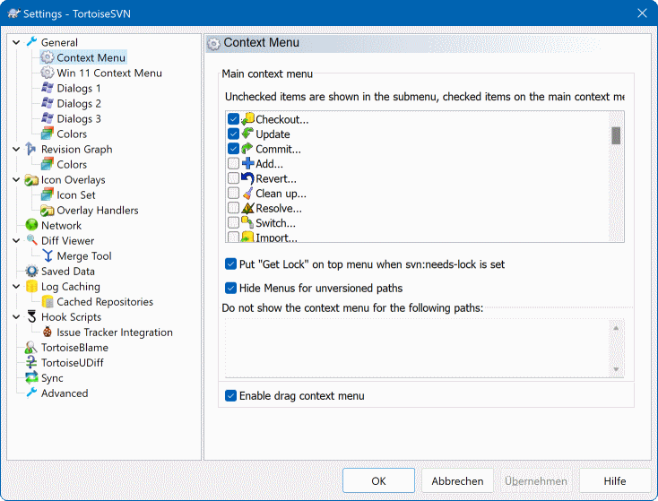 Janela de Configuraes, Opo Menu de Contexto