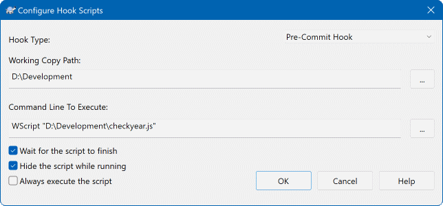 Janela de Configuraes, Opo Configurao de Scripts de Gancho