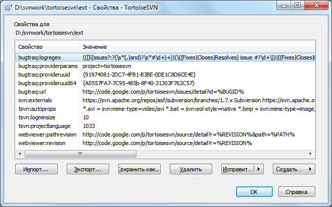 Страница свойств Subversion