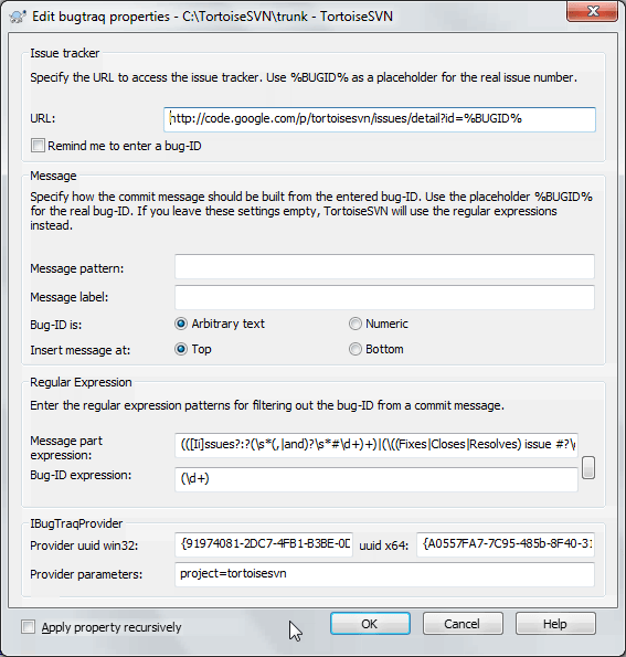 Dialógové okno Vlastnosti Bugtraq (sledovania chýb)