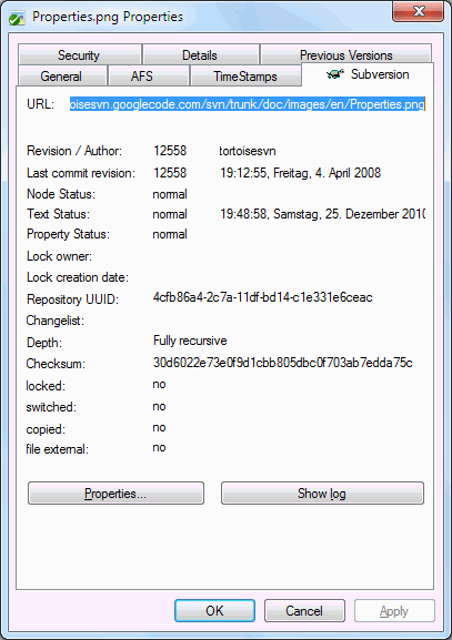 Stran Lastnosti v Raziskovalcu, zavihek Subversion